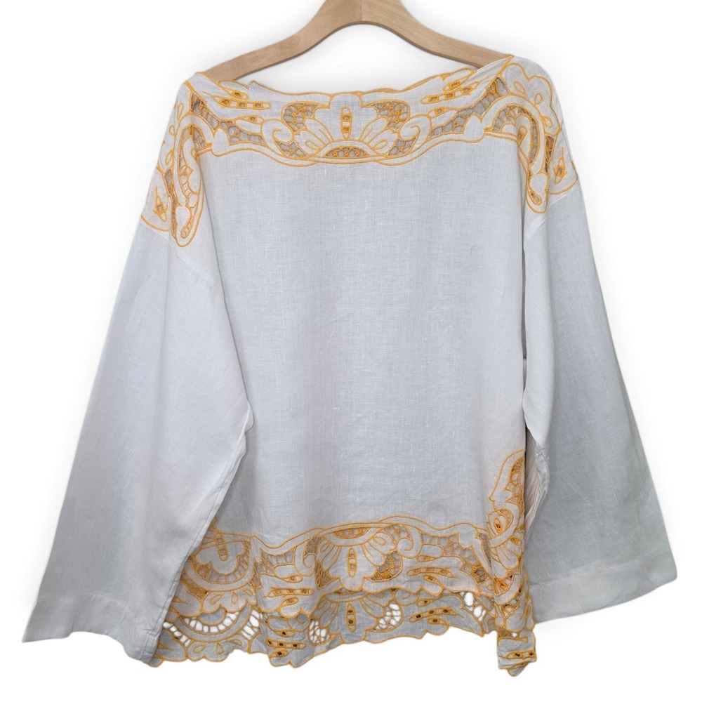 J Crew Cutwork Tunic Top Womens XL White 100% Linen Embroidered Blouse Boho